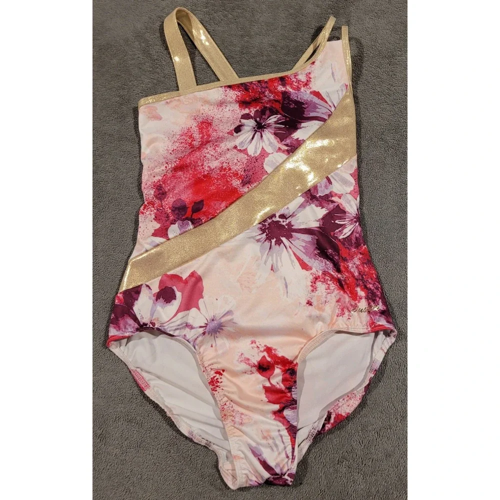 New Justice 1 Shoulder Leotard&Matching Scrunchie Gymnastic/Dance Floral GoldXL